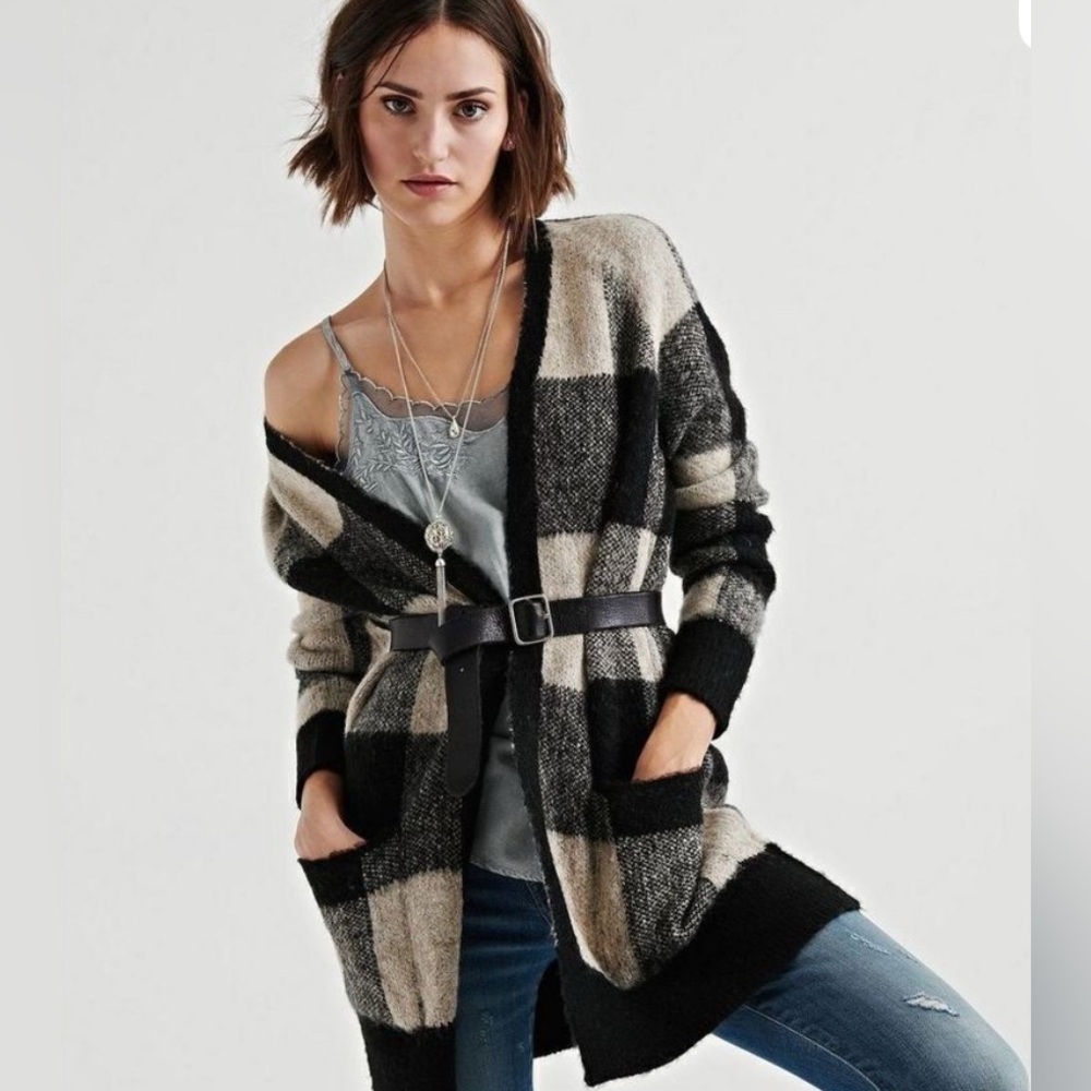 Lucky Brand Duster Cardigan Black Beige Buffalo Check Plaid Size M wool blend